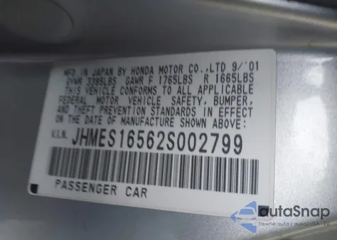 2002 Honda Civic Lx from USA, damaged, VIN JHMES16562S002799